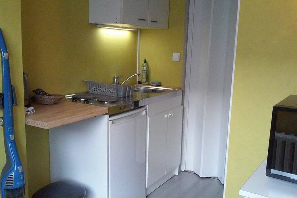 kitchenette(frigo + 2 plaques +combiné four micro ondes) et accès wc+douche
