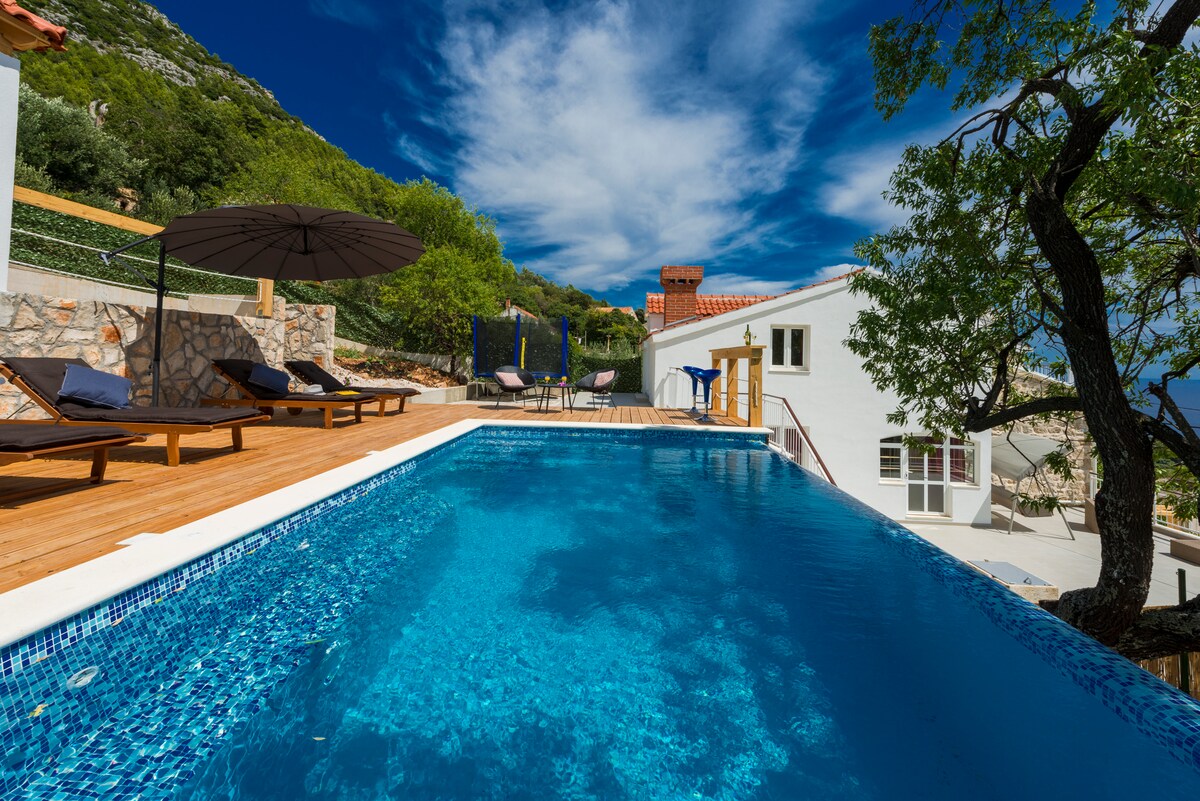 A private heated pool is visible, surrounded by a wooden deck with lounge chairs under shaded umbrellas. The clear blue water reflects the sky, while green trees and hills are seen in the background. A part of the villa, with light-colored walls, is also in view.