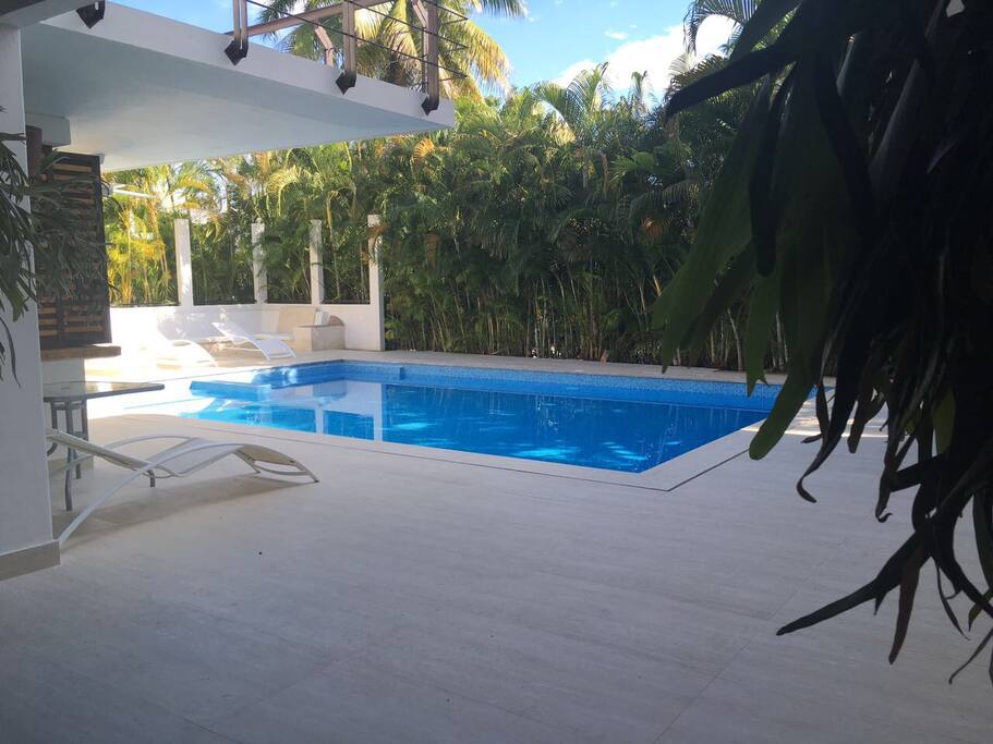 Piscina con jacuzzi dentro de ella zona de bronceo