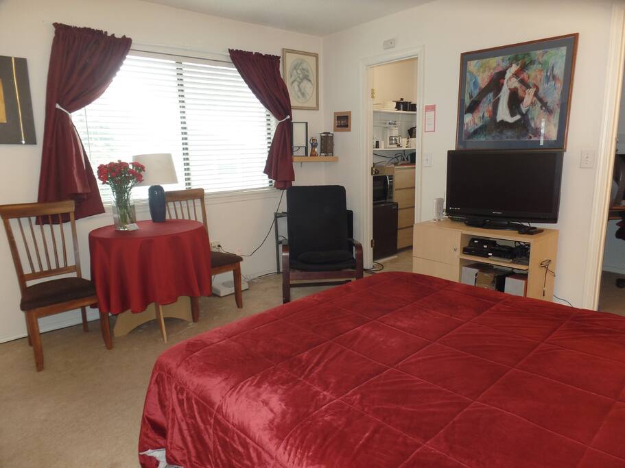 A comfortable space with small work/dining table, lounge chair to relax in and/or watch cable TV, DVDs or Netflix. (Kitchenette can be seen in the background)