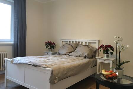 Big bright room in green area with tea & coffee