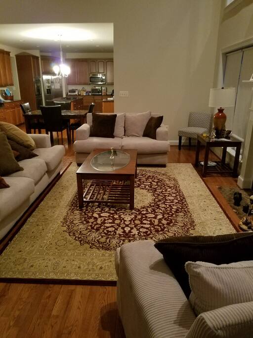 Main living room area and the kitchen.