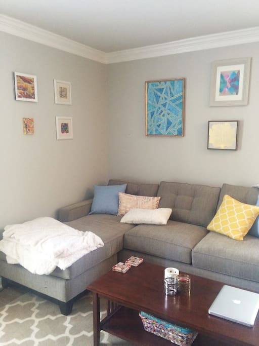 The living room with a very cozy sofa, big and comfortable enough for a third guest to sleep on.