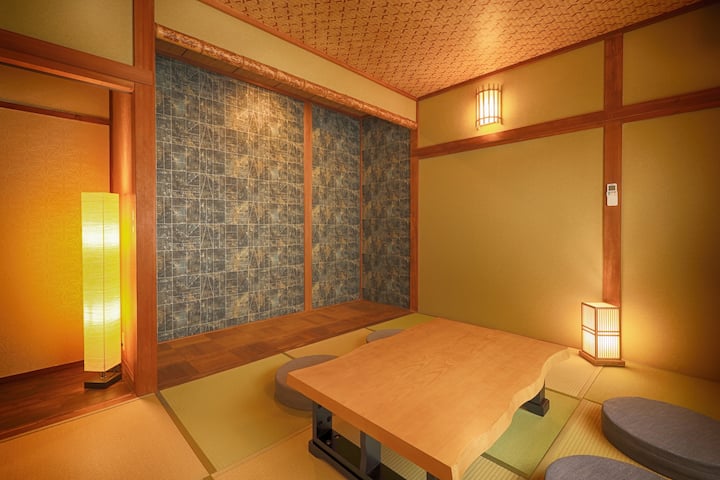 【寝室C(1階)　定員3名】
壁紙や天井にデザインを取り入れる事で現代的にアップデートされた純和風のお部屋です。