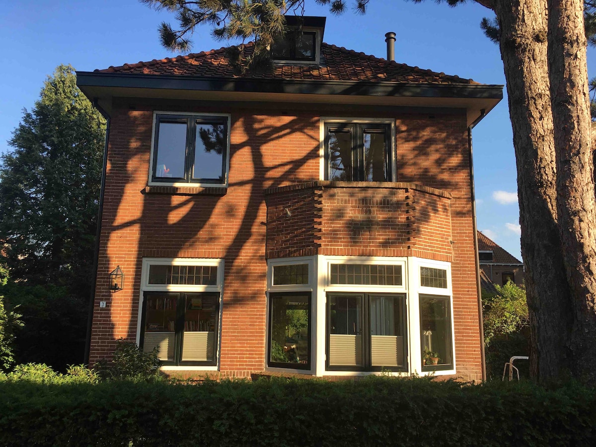 The exterior of the villa is showcased, highlighting its red brick facade and large windows. A balcony protrudes on the upper floor, surrounded by greenery. Tall trees cast shadows on the structure, contributing to the house's tranquil setting within the garden.