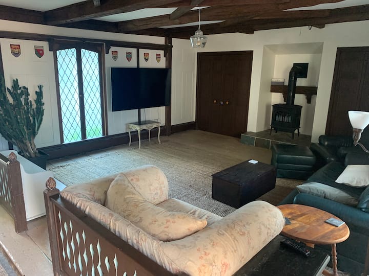 Den with 70" wall mounted smart TV and propane stove.