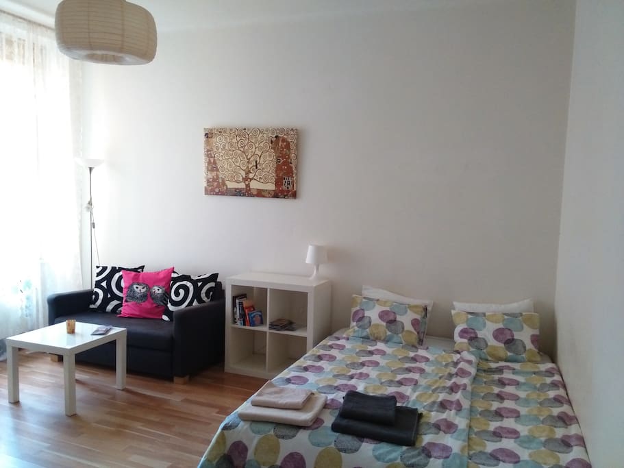 main room with a double bed
