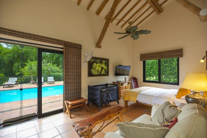 ห้องนอนใหญ่กว้างขวางพร้อมวิวและทางออกไปยังสระว่ายน้ำและระดับ