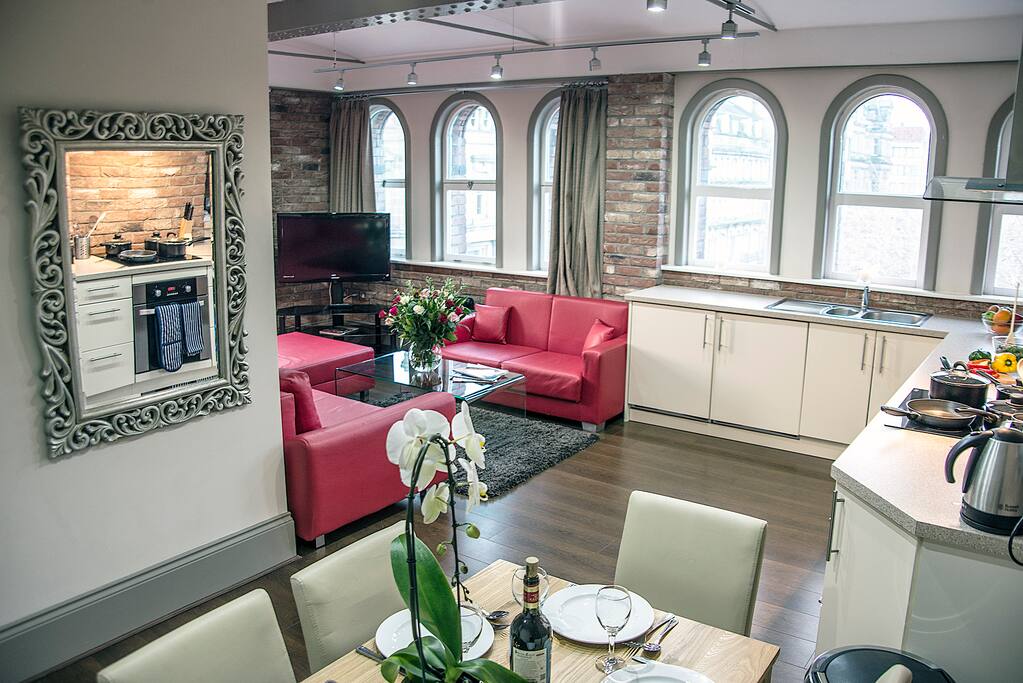 Open plan kitchen with living/dining area