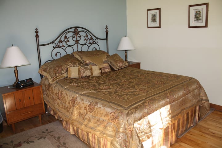 Master bedroom, queen size bed and closet