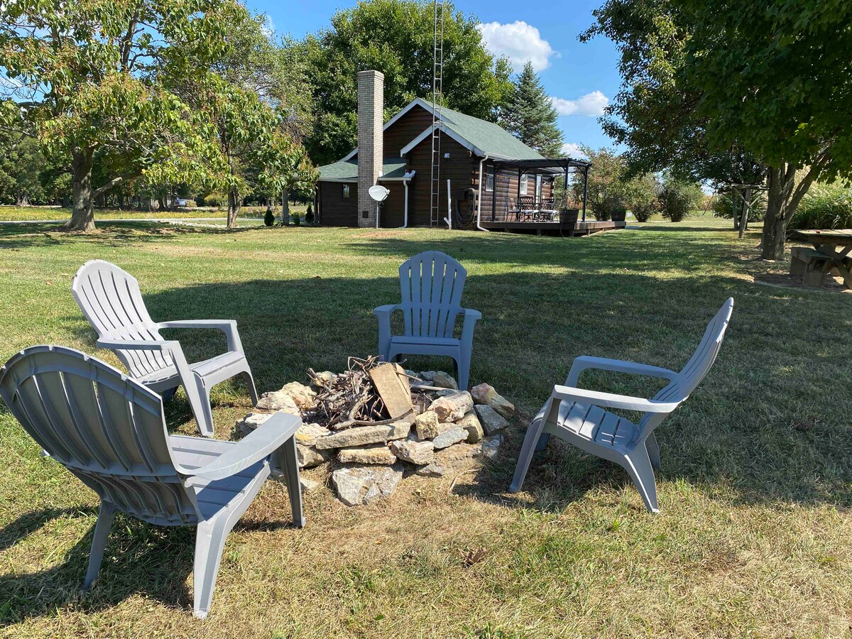 A fire pit area is surrounded by four gray Adirondack chairs, arranged on a grass-covered lawn. In the background, a rustic cabin is visible, framed by trees under a clear blue sky.