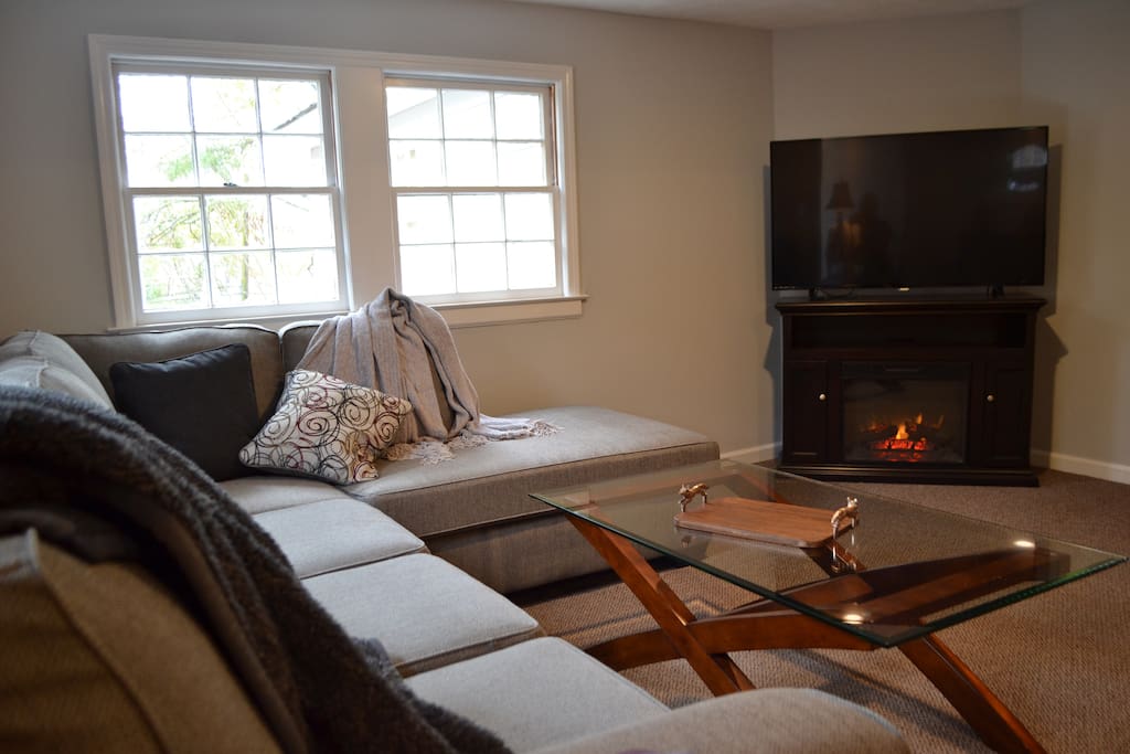 Living room features a sectional sofa, a futon, electric fireplace and 55" flat screen