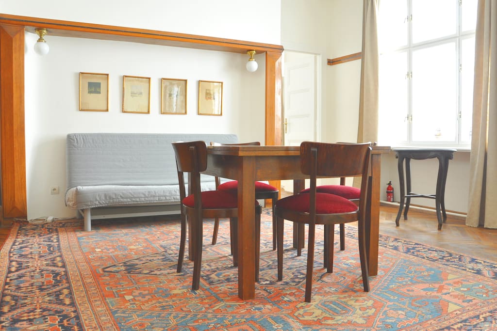 Welcome to the historical flat with original furniture from the beginning of 20th century. You will stay in an apartment with bedroom for two, living room with sleeping for another two and with well equipped kitchenette. Stay comfortable in a real center of Prague and experience the atmosphere of the house from 1720 with many amazing elements from art-deco rebuilding around 1900.