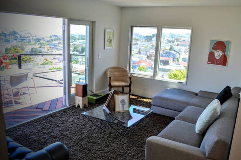 Living room with art and a view.