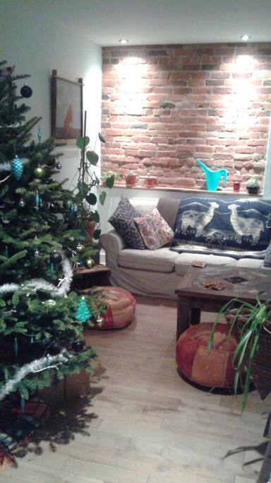 Salon très lumineux avec un beau gros sapin de noel