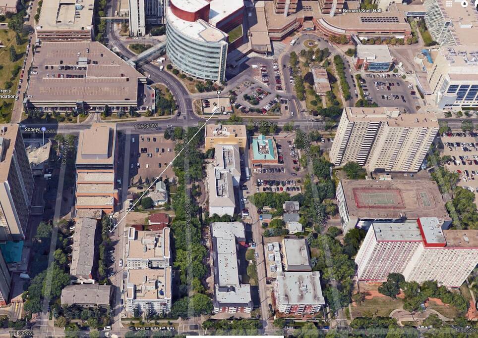 Just steps to U of A Hospital, Stollery Children's Hospital (line is the distance of 150 M, Hospital is at the end of the block)