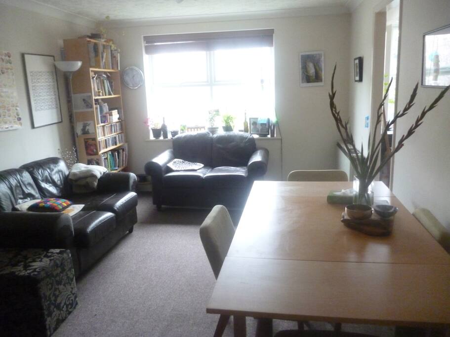 Ample living space with large dining table perfect for family or romantic dinners.