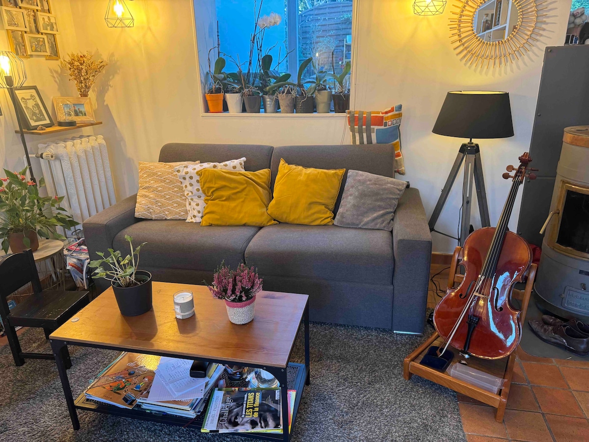 A comfortable living area is showcased, featuring a gray sofa adorned with mustard and gray cushions. A wooden coffee table is placed in front, holding magazines and a small plant. A cello stands beside the table, accompanied by a lamp and a collection of potted plants in the window.
