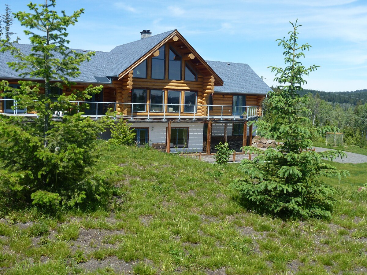 A spacious lodge is nestled among greenery, showcasing a wooden exterior and large windows that reflect natural light. The raised structure features a wraparound balcony, surrounded by tall trees and lush greenery, providing a serene view of the outdoors.