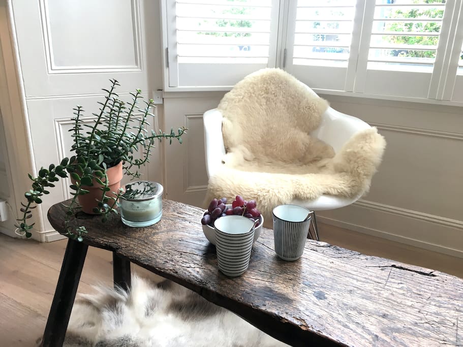 Design classics, antique 'pigs' bench and bright morning sun