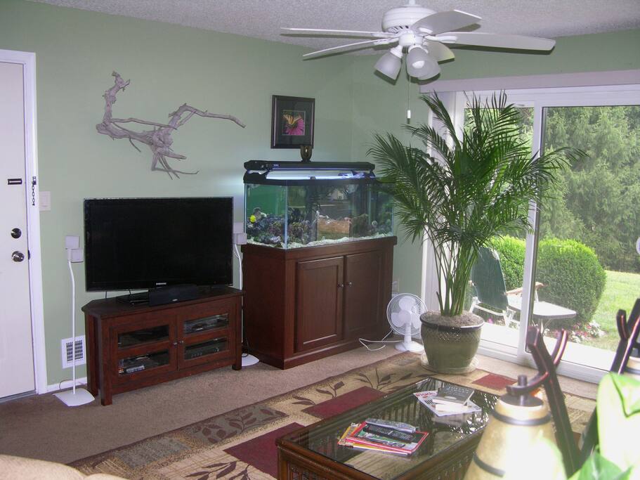 Shared comfy living room opening out to a gorgeous, peaceful patio