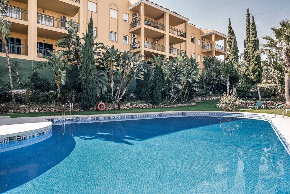piscina con hamacas, sombrillas y duchas
