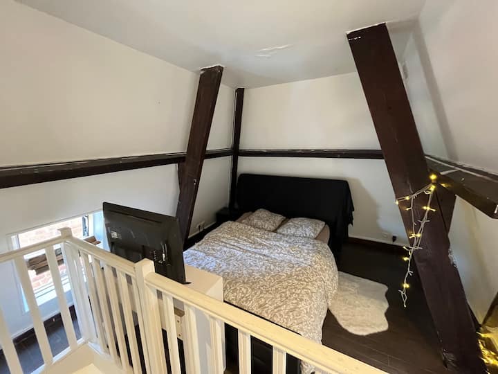 Dormitorio con cama doble y TV.