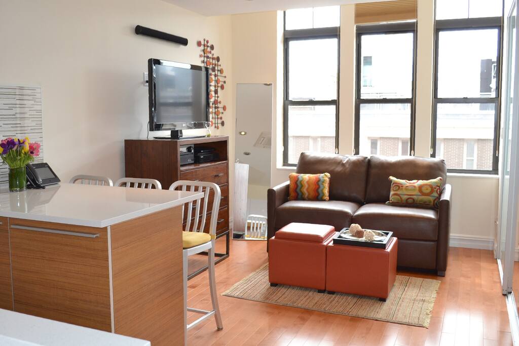 Kitchen Island, Living Room with Full Size Leather Sofa Bed, Media Chest with Home Theater System, IP TV, Playstation & Wifi