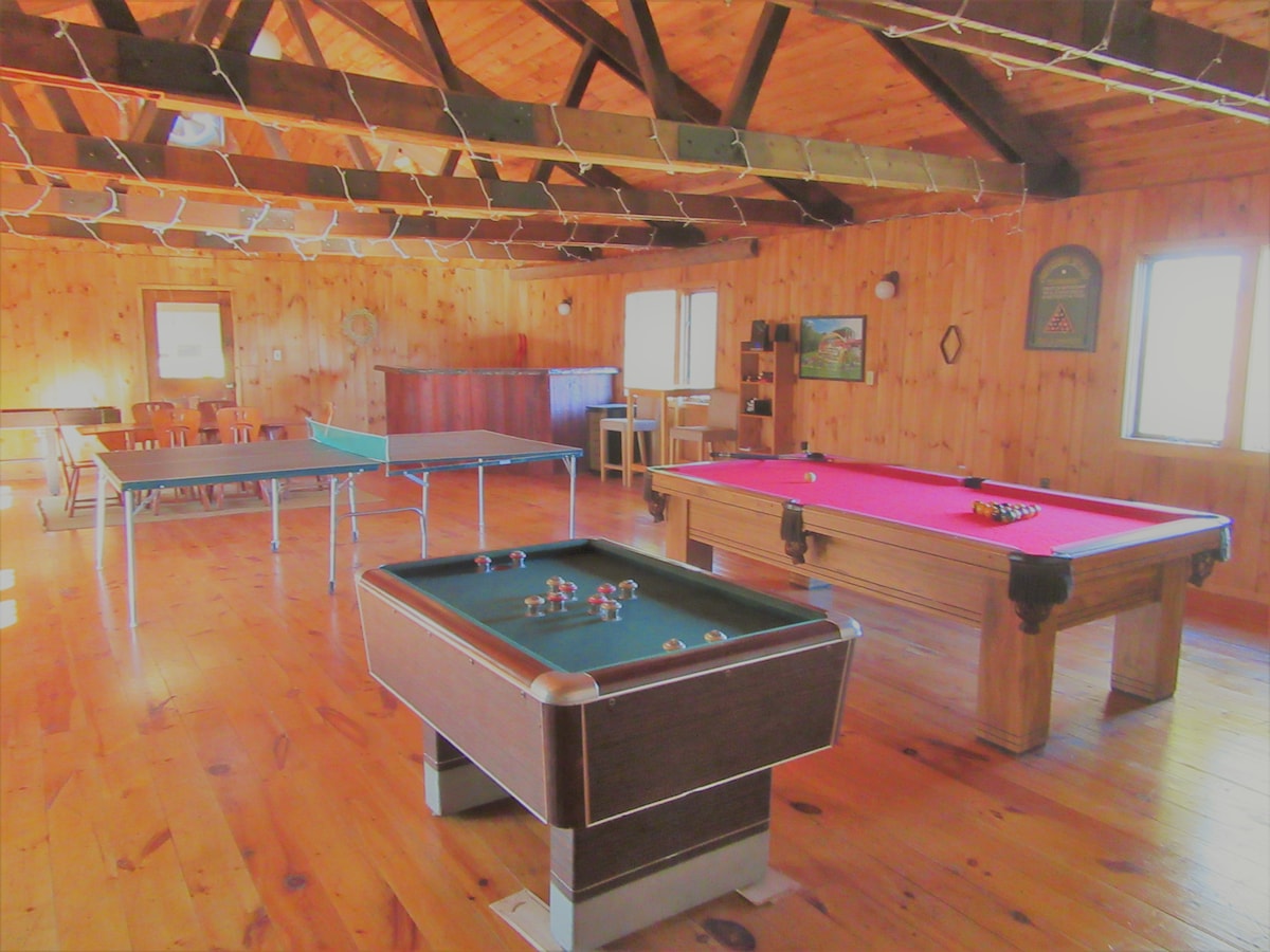 A spacious game room features a variety of gaming tables, including ping pong, pool, and bumper pool. Natural wood paneling creates a rustic ambiance, while string lights add subtle illumination. Large windows provide natural light, and wooden beams accentuate the ceiling.