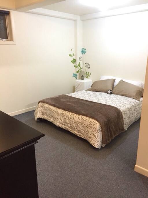 queen bed, large dresser and large mirror