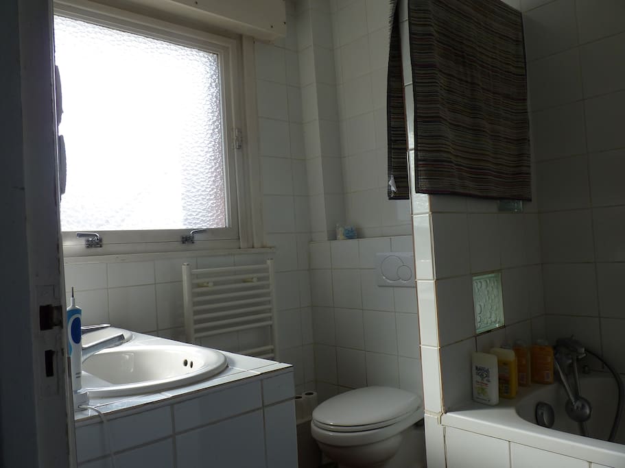 Salle de bains avec toilettes baignoire et douche