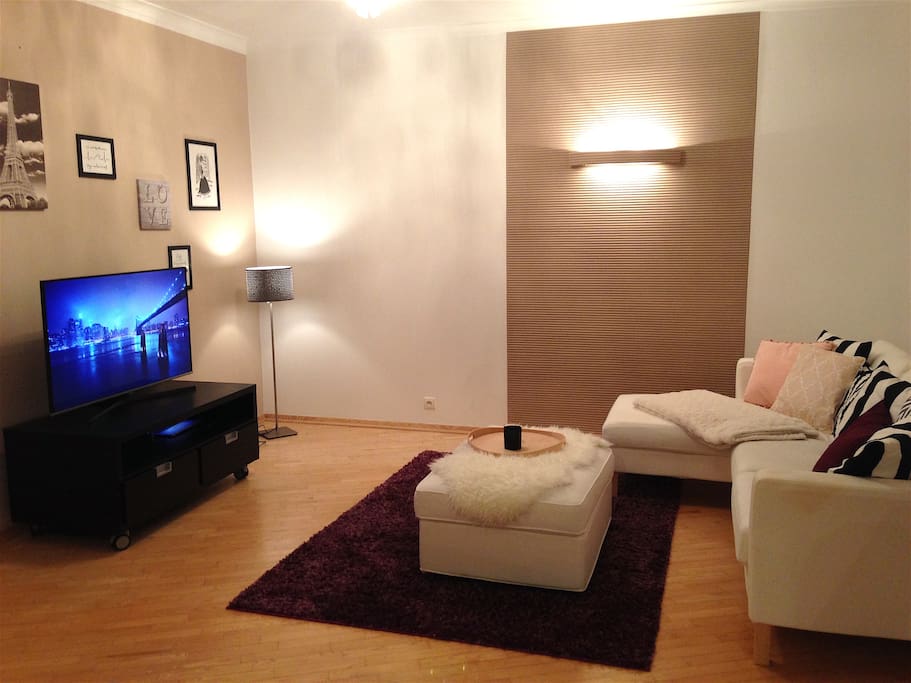 living room with flatscreen, DVD recorder and movies