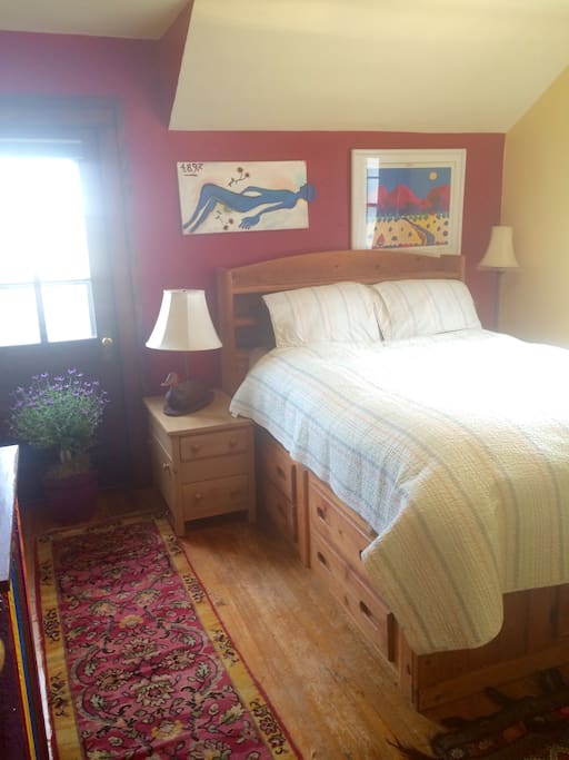 the door on the left of the bed is the door to the balcony