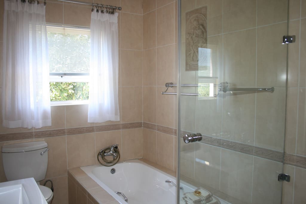Full bathroom with shower and bath tub.
