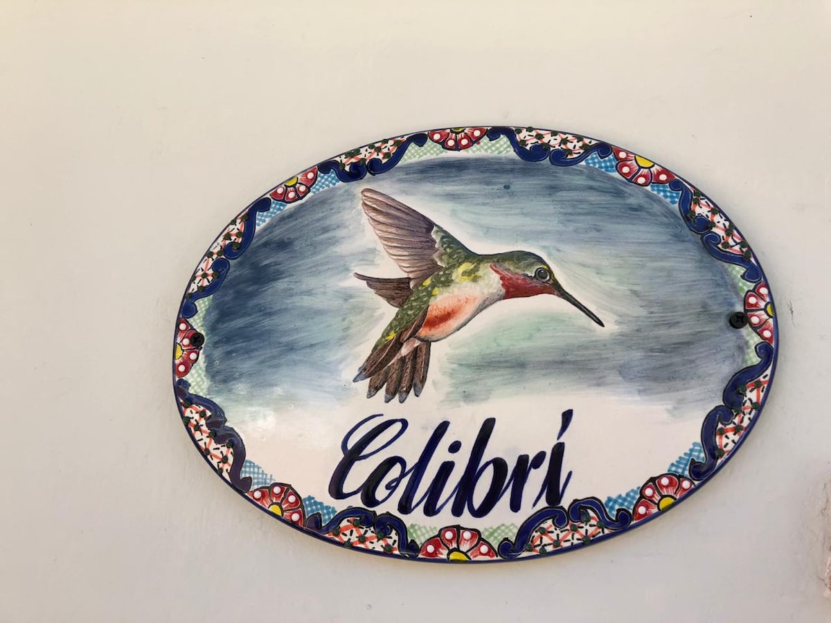 A decorative tile displays a hand-painted image of a hummingbird in flight, with vibrant colors accentuating the bird's features. The name 'Colibri' is elegantly inscribed below, framed by a colorful border that complements the artwork.