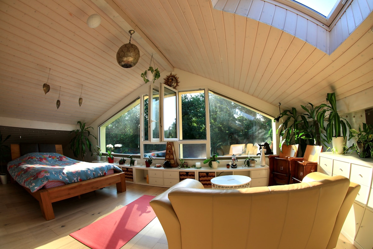 A spacious bedroom is illuminated by natural light from large windows, offering views of greenery. A comfortable bed with a patterned blanket is complemented by an armchair and various plants, enhancing the calming space. Wooden furnishings add warmth to the inviting atmosphere.