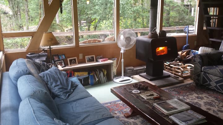Living room and warm, cozy woodstove