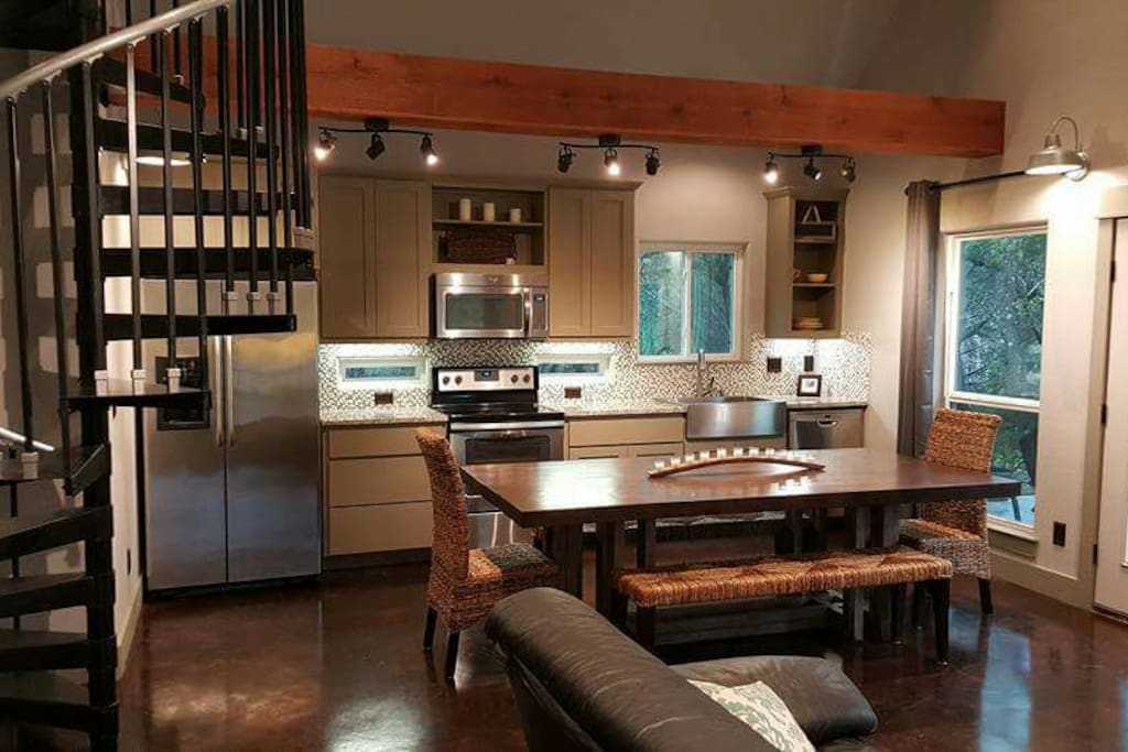 Open kitchen, dining and living.