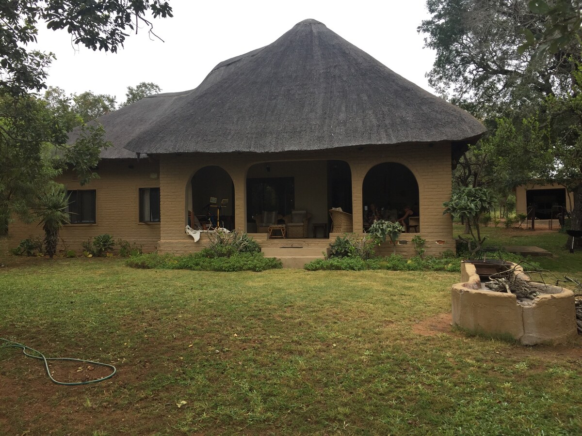 A thatched-roof house is set in a grassy area, surrounded by trees. The porch offers a communal space with seating and views of the outdoors, enhancing a connection to nature. A fire pit is positioned nearby, adding to the relaxed atmosphere.