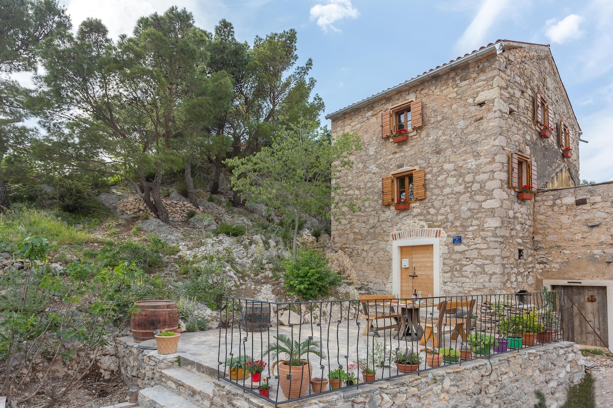 A charming stone house is framed by lush greenery and vibrant flower pots along the terrace. Wooden shutters adorn the windows, creating an inviting facade. A small table and chairs are positioned on the terrace, providing a space for outdoor relaxation.