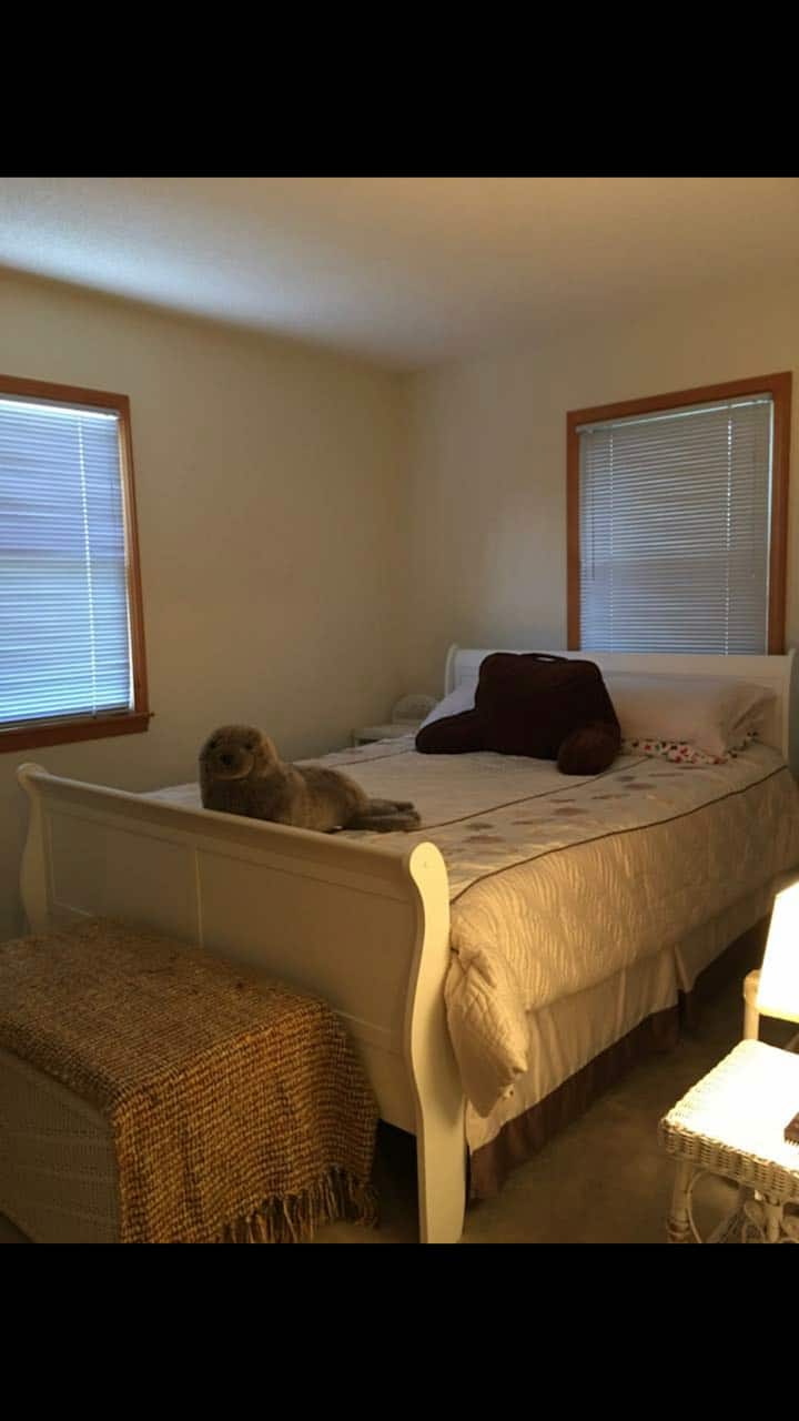 dormitorio con escritorio con cama tamaño Queen,cofre, televisión.