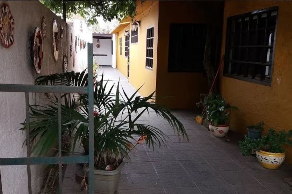 Corredor de entrada al apartamento. Una hermosa galería con plantas y apliques de cerámica todo a lo largo.