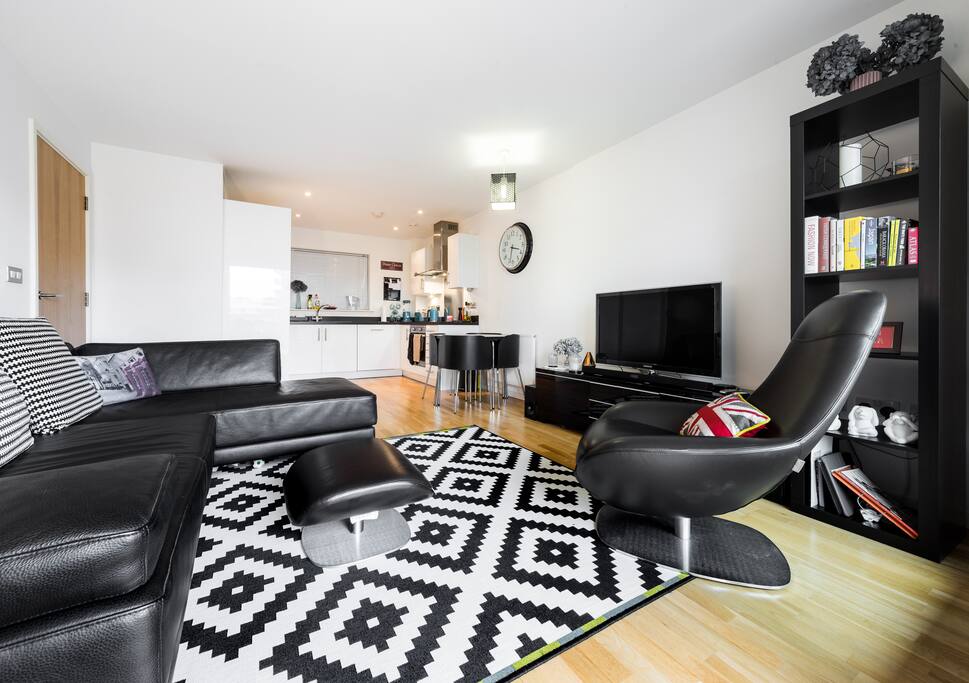 The stylish kitchen, dining and living area is open-plan.