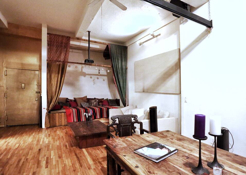 Sleeping area and dining table.