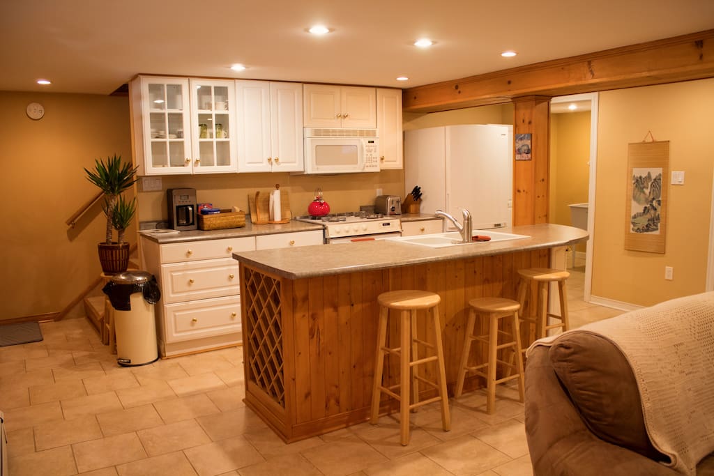 Full kitchen with dishwasher, oven and stove. Large fridge