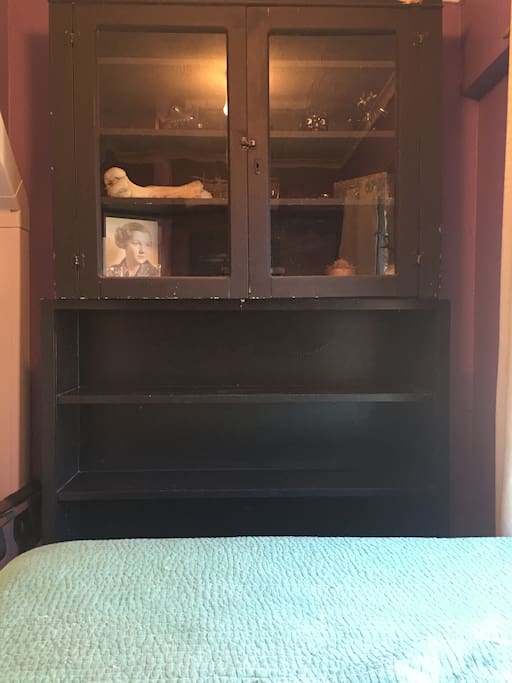 Shelves in nook for belongings. Luggage rack available, as well as dresser drawers if desired for longer stays.