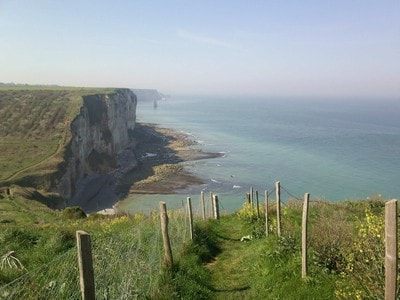 A coastal landscape shows cliffs rising above the clear blue sea. The rocky shore is visible below, with gentle waves lapping at the base. Lush greenery and wildflowers frame a walking path leading toward the cliff edge, offering expansive views of the horizon.