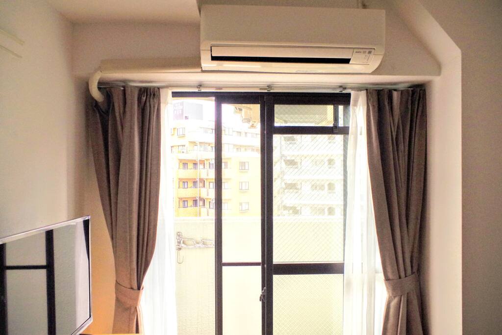 A/C, curtains, window, window screen
