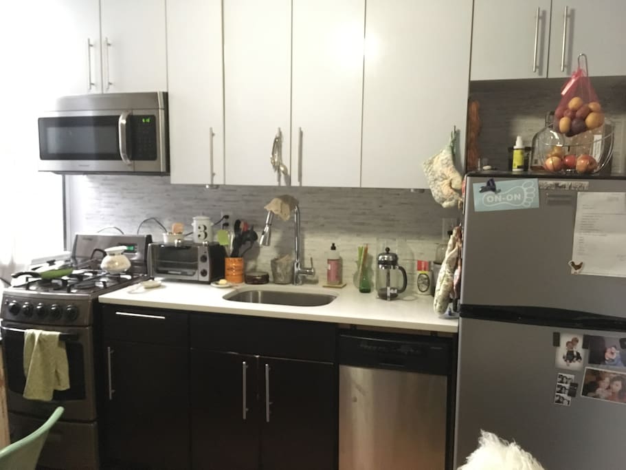 The apartment kitchen is fully available for guests to use! Stick a bagel in the toaster oven and pour some coffee from the French Press, or hop across the street to Manhattanville Coffee and have it served to you by their excellent baristas.