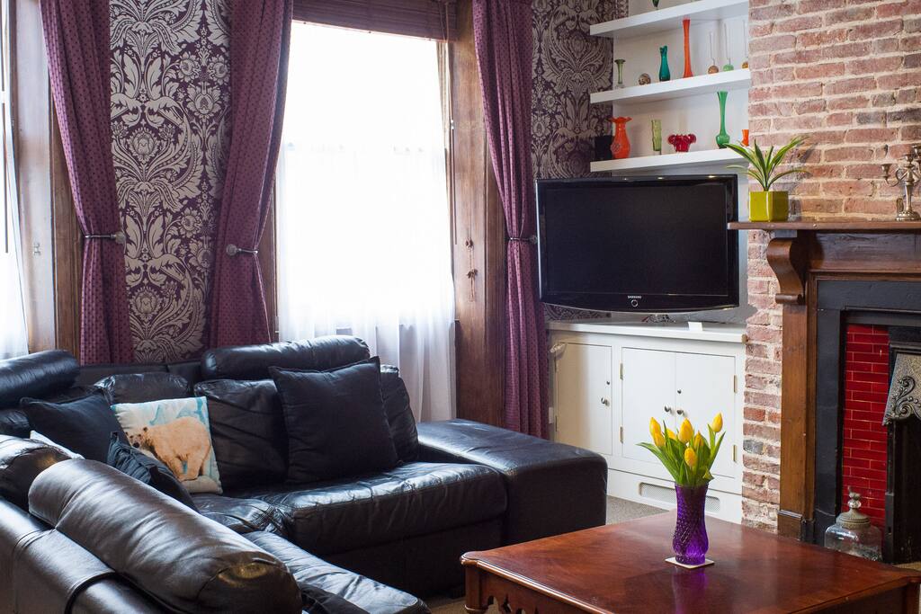 A large flat-screen television is provided.